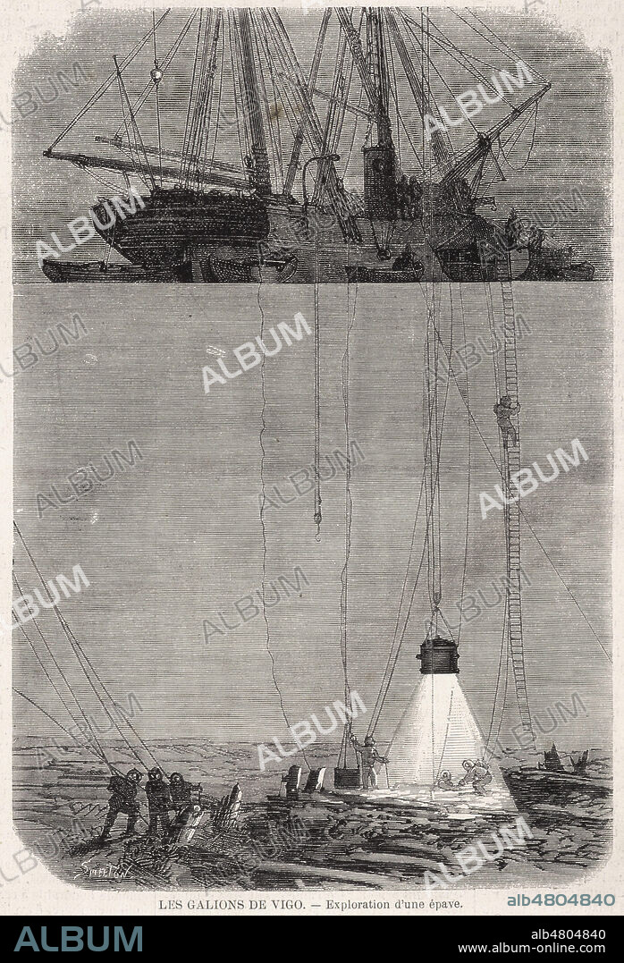 'Les galions de Vigo : exploration d'une epave' : eclairage sous-marin d'Ernest BAZIN (1826-1898) pour la recuperation de l'or des galions de la baie de Vigo. Gravure tiree de L'Illustration du 02/07/1870. Credit : Collection KHARBINE-TAPABOR.
