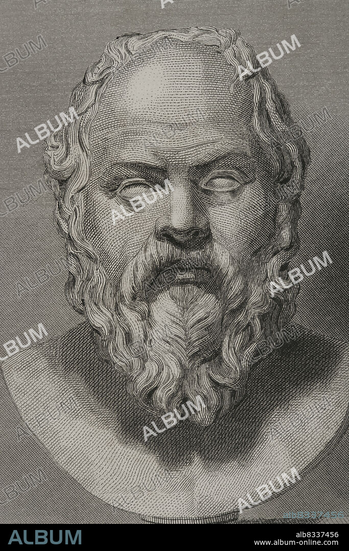 Socrates (469 BC - 399 BC). Greek philosopher. Portrait. Engraving. Detail. "Historia Universal", by César Cantú. Volume I, 1854.