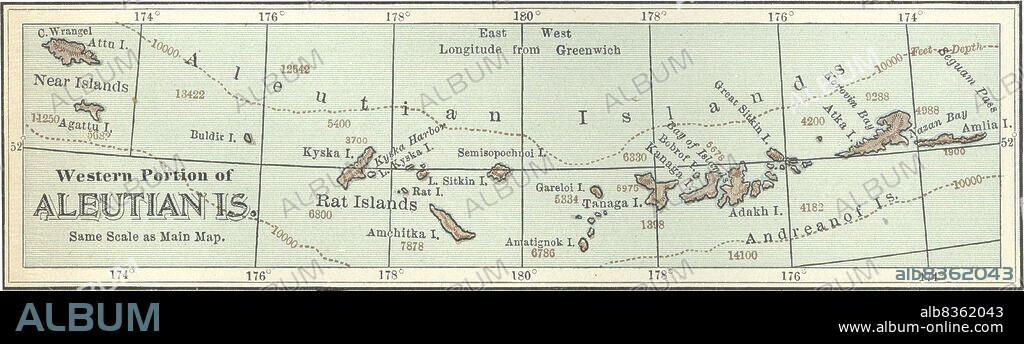 Map of the western portion of the Aleutian Islands.