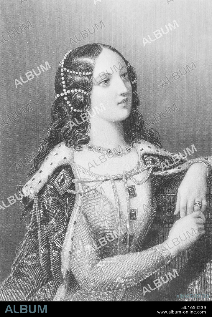 Isabella of Valois, 1389-1409. Second wife of King Richard II of England. Engraved by W.H.Mote after E.Corbould. From the book "The Queens of England, Volume I" by Sydney Wilmot. Published London circa. 1890.