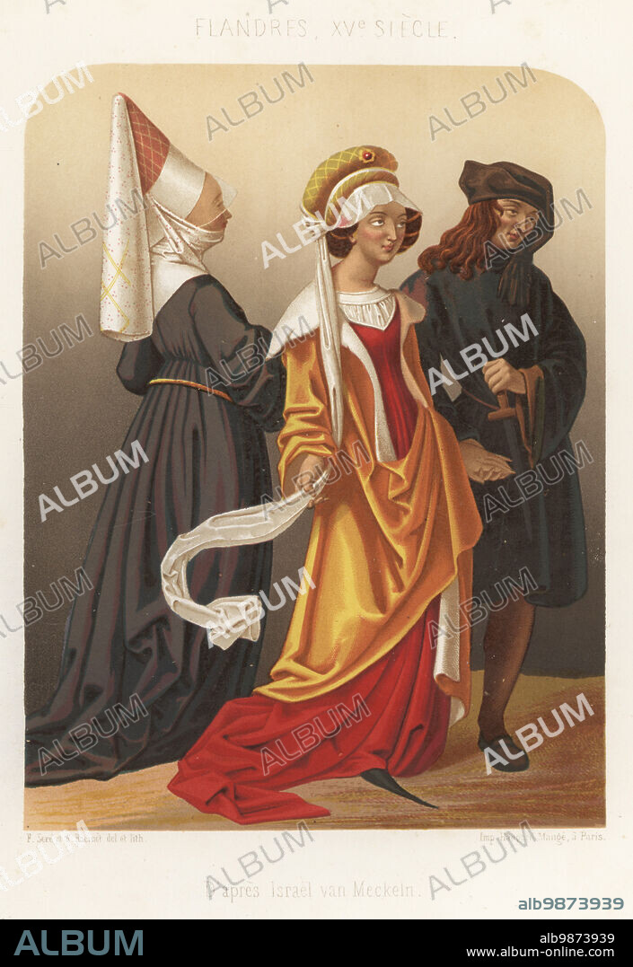 Three Flemish costumes, 15th century. Woman in hennin with veil and wimple, woman in bonnet and cracows, and man in chaperon and velvet coat with dagger. After German engraver and painter Israel von Meckeln. Flandres, XVe siecle. Chromolithograph by Ferdinand Sere and Auguste Racinet from Charles Louandres Les Arts Somptuaires, The Sumptuary Arts, Hangard-Mauge, Paris, 1858.