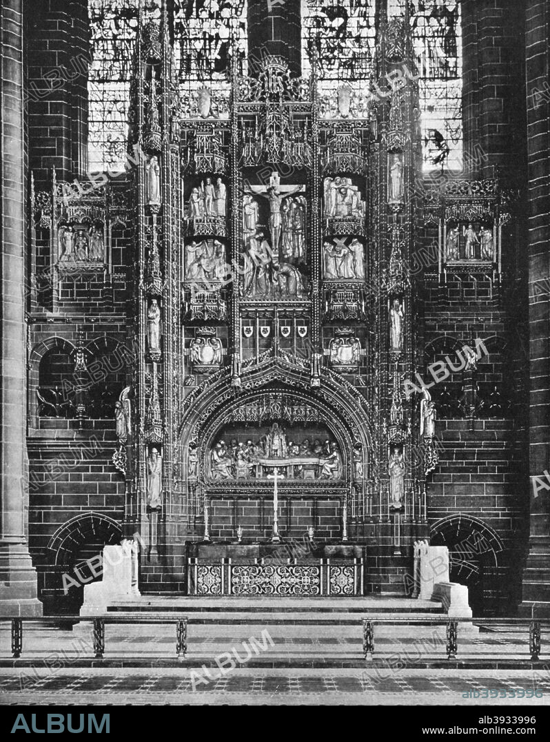Interior of Liverpool Cathedral, 1924-1926. Built on St James Mount, in the centre of the city, Liverpool Cathedral is the second largest Anglican cathedral in the world. The foundation stone of the building, designed by Giles Gilbert Scott, was laid in 1904. Although the church was consecrated in 1924 it was not finally completed until 1978. A print from Hutchinson's Britain Beautiful, edited by Walter Hutchinson, volume III, 1924-1926.