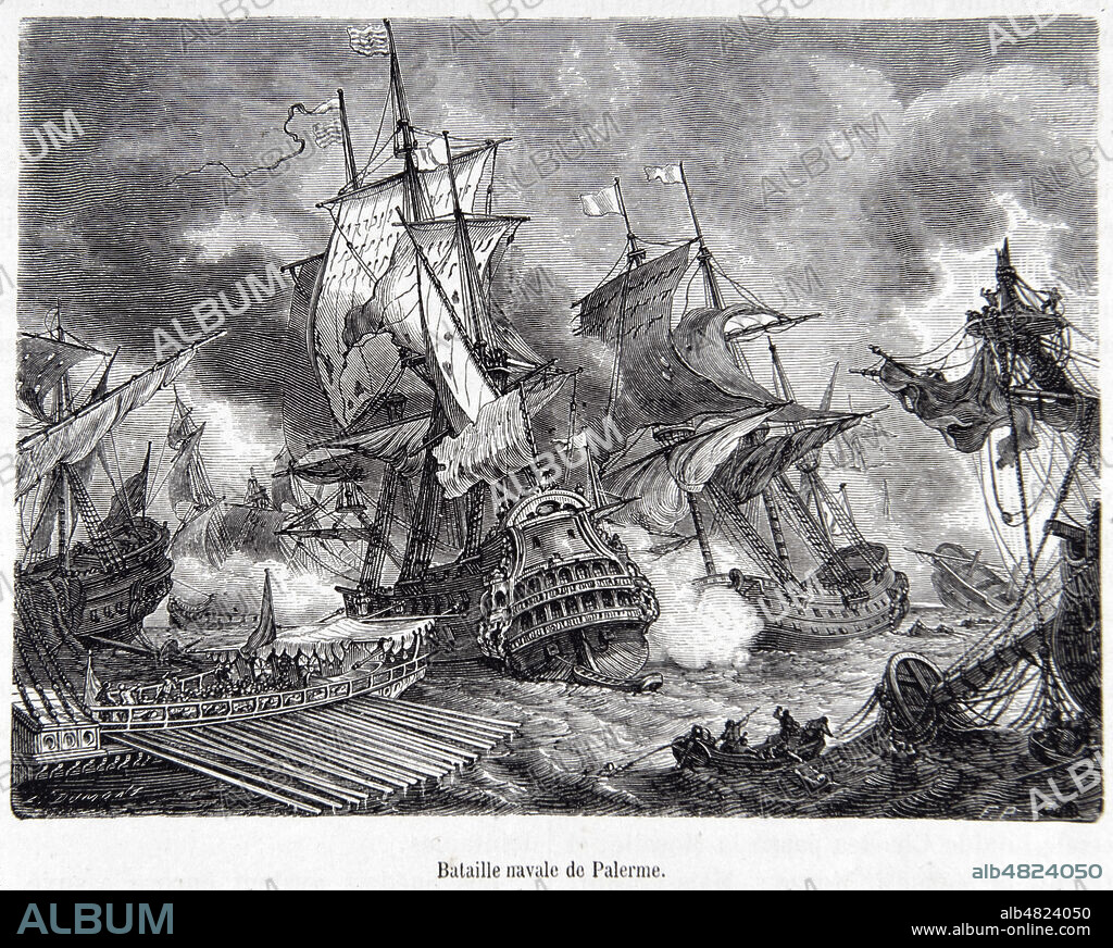 'Bataille navale de Parlerme' en 1676 durant la guerre de Hollande. Victoire de la flotte francaise commandee par le Duc de Vivionne. (17eme, XVIIeme s.) Illustration tiree de l'Histoire de France populaire tome 3 par Henri Martin (1810-1883), vers 1870. Credit : Collection Grob/KHARBINE-TAPABOR.