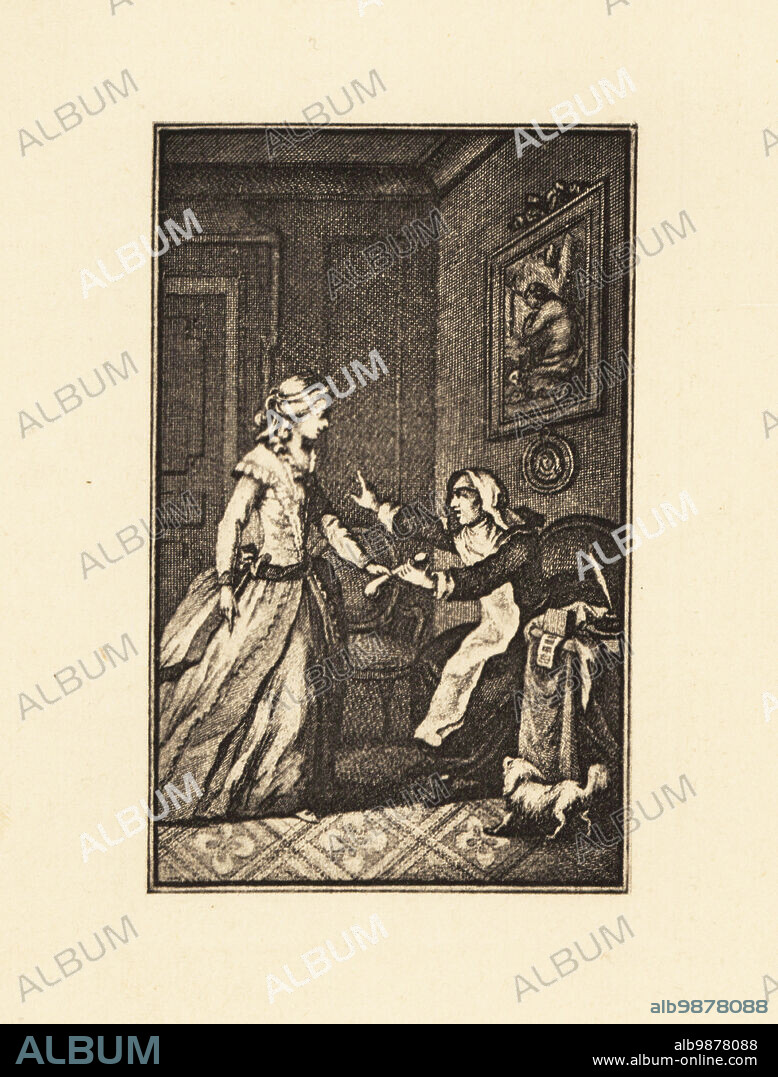 A lady and a nun arguing over a dildo in a parlour, 18th century. Copperplate engraving heliogravure by Francois Rolland Elluin after Antoine Borel from Jean-Charles Gervaise de Latouches Memoiren des Saturnin, von ihm selbst Niedergeschreiben, Privatdruck, Liepzig, 1911. Also known as Le Portier des Chartreux, it was one of several erotic novels written by Latouche, 1715-1782, a lawyer at the Paris Parliament.