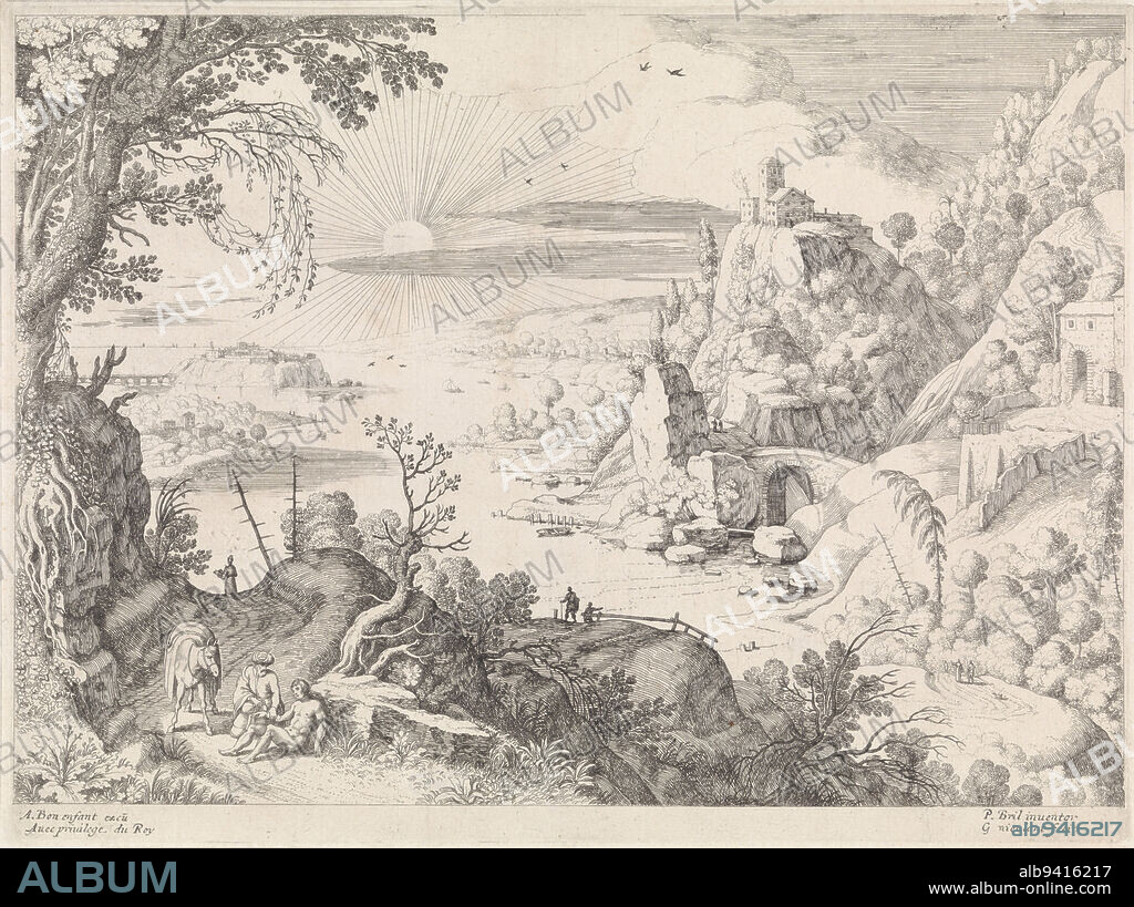 In an Italian coastal landscape, the Good Samaritan takes care of the injured traveller. Next to them stands the donkey of the Samaritan. To the Bible story from Luc. 10: 25-37., Landscape with the Good Samaritan, print maker: Willem van Nieulandt (II), (mentioned on object), Paul Bril, (mentioned on object), publisher: Antoine Bonenfant, (mentioned on object), Antwerp, 1594 - 1635, paper, etching, engraving, h 233 mm × w 313 mm.