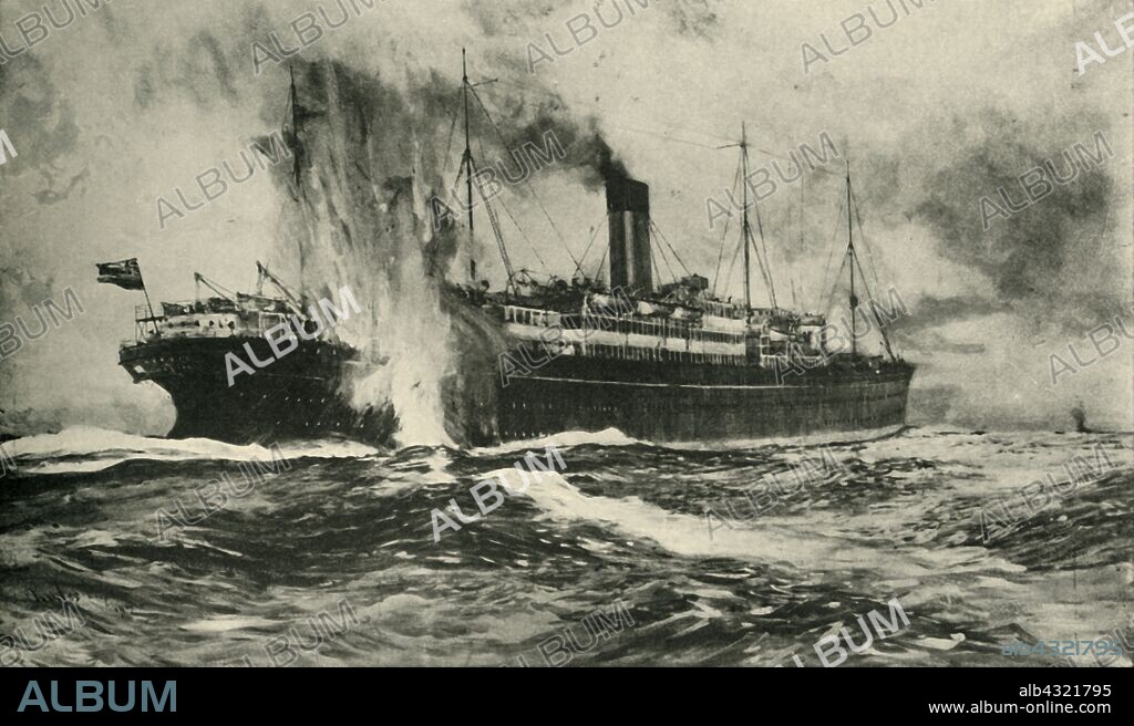 The sinking of the SS 'Arabic', First World War, 19 August 1915, (c1920). 'Germany's Submarine War: the torpedoing of the outward-bound White Star Liner 'Arabic' off the Irish coast'. The British-registered passenger ship 'Arabic', bound for the United States, was torpedoed by a German U-boat and sank within 10 minutes, killing 44 passengers and crew. From "The Great World War - A History" Volume IV, edited by Frank A Mumby. [The Gresham Publishing Company Ltd, London, c1920].
