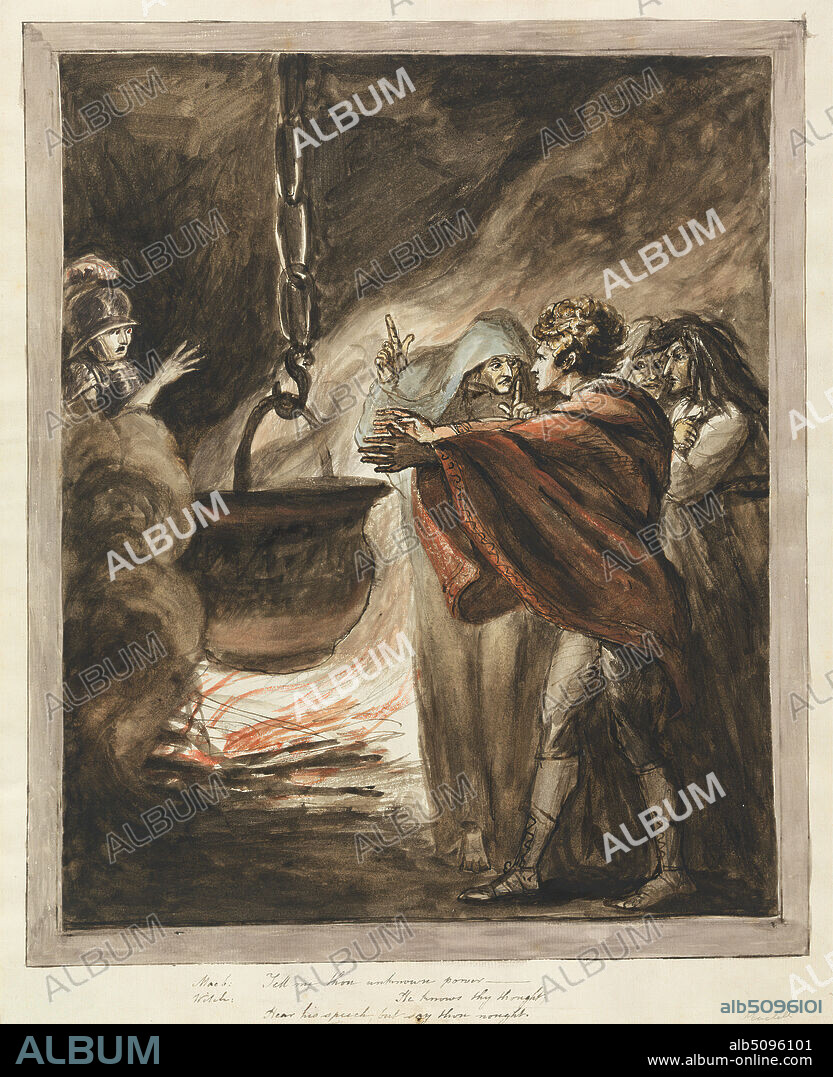 The Apparition of the Armed Head: Macbeth, Mary Hoare, 17531820, British, ca. 1781, Watercolor, pen and black ink, and graphite, with scraping on moderately thick, slightly textured, cream wove paper mounted on moderately thick, slightly textured cream laid paper with contemporary drawn border, Mount: 16 × 13 inches (40.6 × 33 cm), Contemporary drawn border: 14 1/2 × 12 1/8 inches (36.8 × 30.8 cm), and Sheet: 13 3/8 x 11 inches (33.9 x 28 cm), armor, cauldron, cave, chain, cloaks, fear, fire, hallucination, head, helmet, hook, literary theme, Macbeth, Act IV, Scene I, magic, man, play, plays by William Shakespeare, plume, smoke, soldier, surprise, The Tragedy of Macbeth, vision, witches, women.