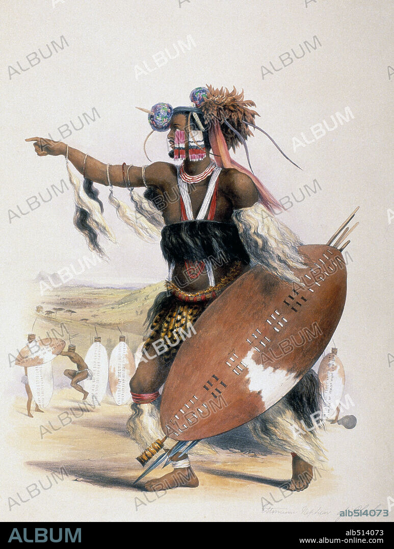 GEORGE FRENCH ANGAS. Utimuni nephew of Zulu warrior hero and chief Shaka Zulu from G.F. Angas. Images taken from  the kafirs Illustrated , 1849.