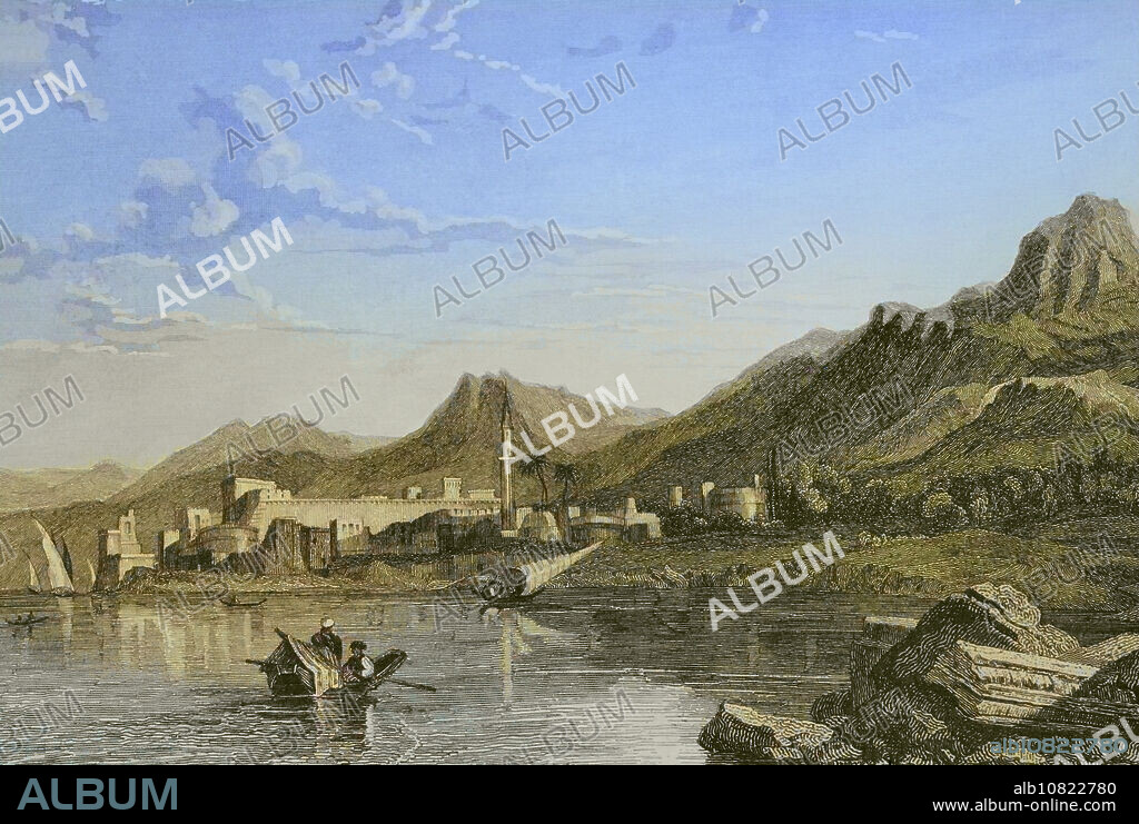 Cyprus. Engraving by Ransonnette. Later colouration. "La Tierra Santa y los lugares recorridos por los profetas, por los apóstoles y por los cruzados" (The Holy Land and the sites traversed by the prophets, by the apostles and by the crusaders). Published in Barcelona by the printing house of Joaquin Verdaguer, 1840.