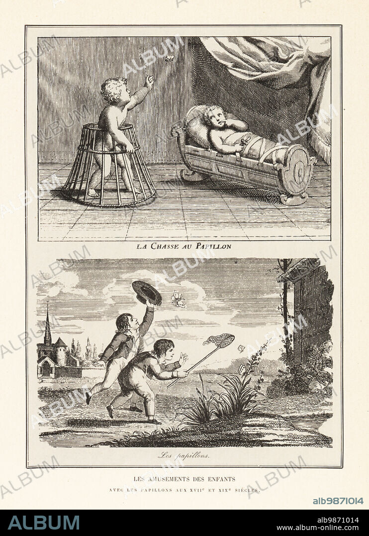 Children playing games with butterflies. A toddler chases an insect in a bedroom, 17th century print. Two boys chase butterflies with nets and hats, 19th century print. Les amusements des enfants. Les papillons. Lithograph from Henry Rene dAllemagnes Recreations et Passe-Temps, Games and Pastimes, Hachette, Paris, 1906.