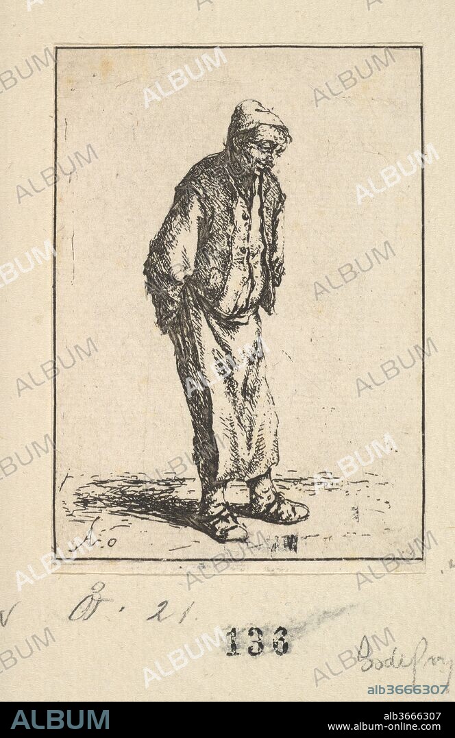 Peasant with Hands Behind his Back. Artist: Adriaen van Ostade (Dutch, Haarlem 1610-1685 Haarlem). Dimensions: Sheet: 3 7/16 × 2 3/8 in. (8.7 × 6.1 cm). Date: 1610-85.