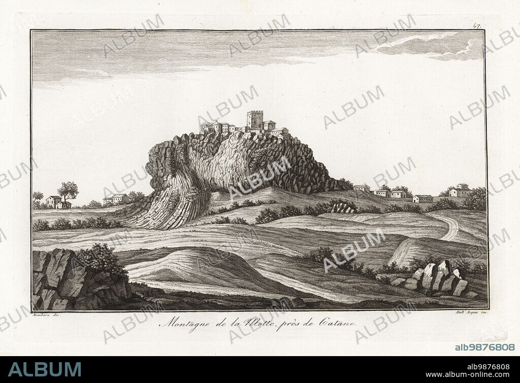 La Motte mountain, near Catania, Sicily. Composed of a mass of prismatic columns of lava from the volcano Mount Etna. Montagne de la Motte, pres de Gatane. Copperplate engraving by Giuseppe Dall'Acqua after Bombara from Scipion Breislaks Traite sur la Structure Exterieure du Globe, Treatise on the Exterior Structure of the Globe, Jean-Pierre Giegler, Milan, 1822.