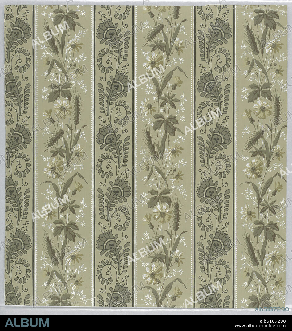 Sidewall, Machine-printed on paper, Aesthetic style design containing two vertical patterns repeated in alternation; one pattern is a naturalistic arrangement of flowers and ears of wheat on long stalks twisted together; pattern is off-set with each repetition; second pattern is highly-stylized fan-like flower with fern-like leaf glide reflected vertically; black-and-white border separates each column; color scheme of white, greens, and greenish greys and tans; pale muted green ground., USA, ca. 1880, Wallcoverings, Sidewall.