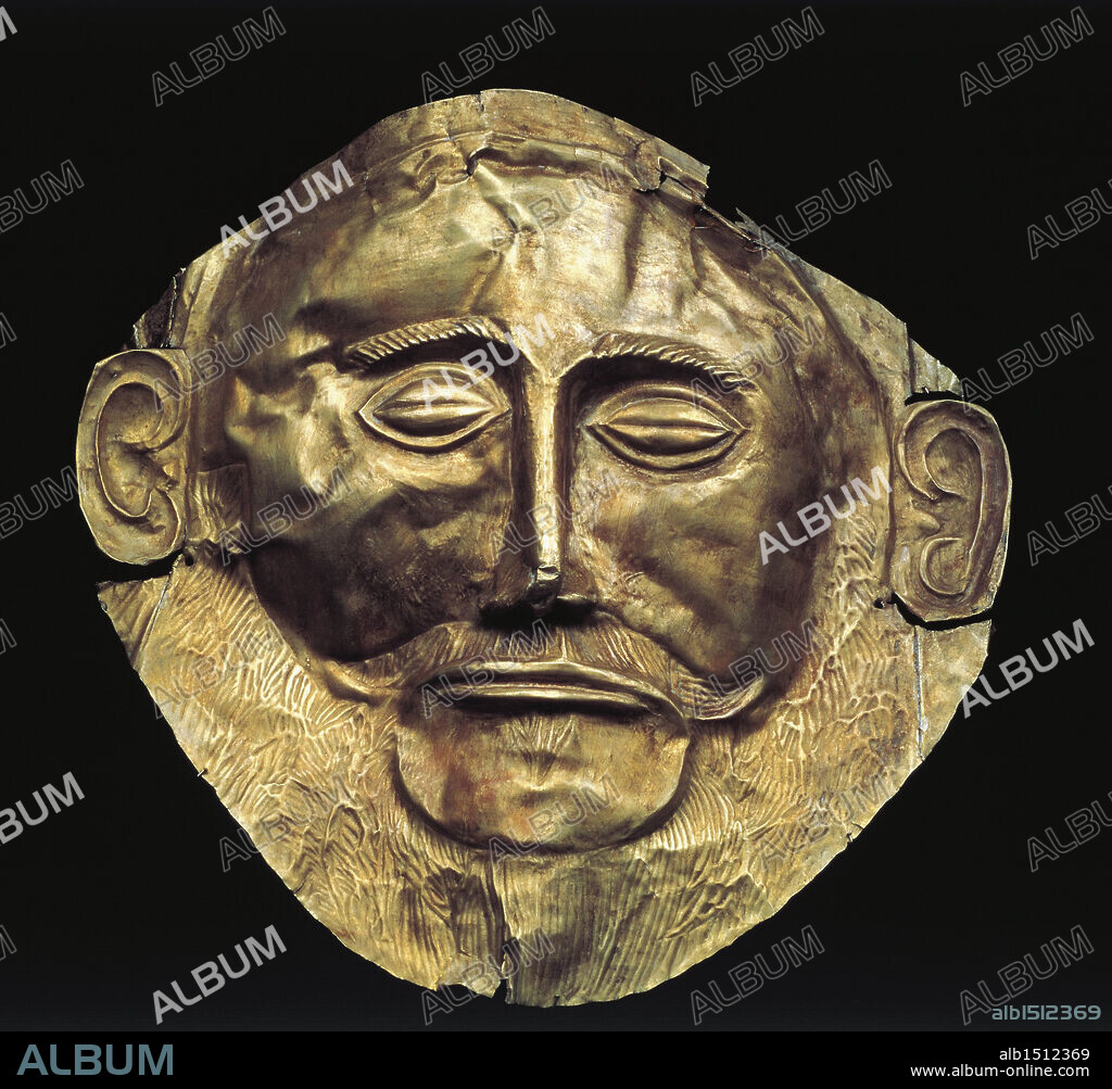 Mycenaean civilization, 14th century b.C. Goldsmithery. Gold funerary mask of an Achaean king known as Mask of Agamemnon. From Mycenae, Tomb V.