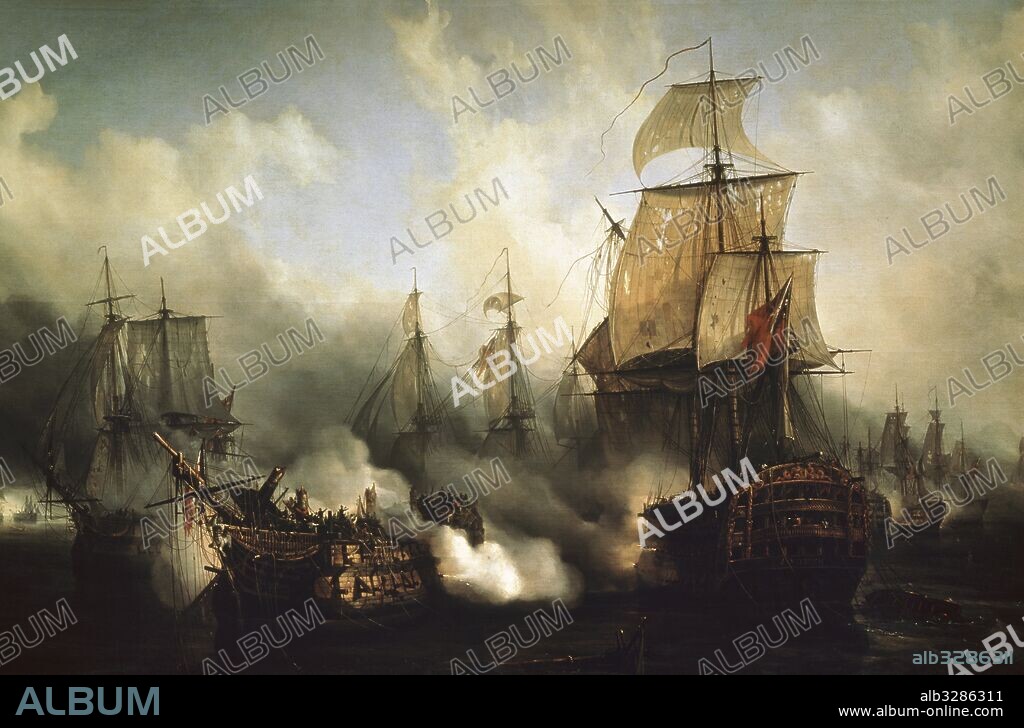 El Redoutable en Trafalgar, 21 de octubre de 1805. Batalla naval sostenida entre España y Francia contra Gran Bretaña, bajo los mandos de el teniente general español Gravina, el almirante francés Villeneuve y el vice-almirante inglés Nelson. Pintura realizada por Auguste Etienne François Mayer (1805-1890). Museo de la Marina. París. Francia.