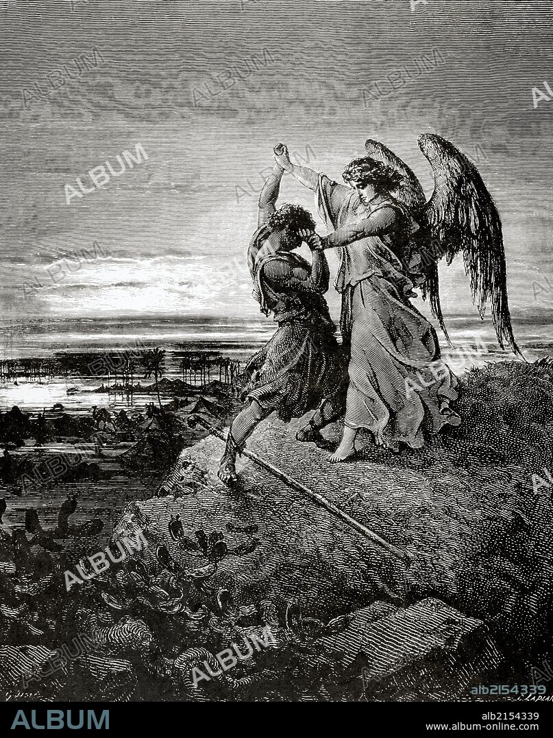 PAUL GUSTAVE DORÉ (basado en). ANTIGUO TESTAMENTO. JACOB. Uno de los patriarcas de la Biblia y profeta. "Lucha de Jacob con el ángel". Grabado de Laplante. "La Biblia en imágenes por Gustave Doré. Siglo XIX.