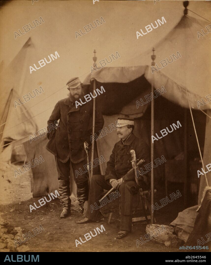 Lieutenant General Sir John Campbell & Captain Hume, his aide-de-camp, the general sitting, Crimean War, 1853-1856, Roger Fenton historic war campaign photo.