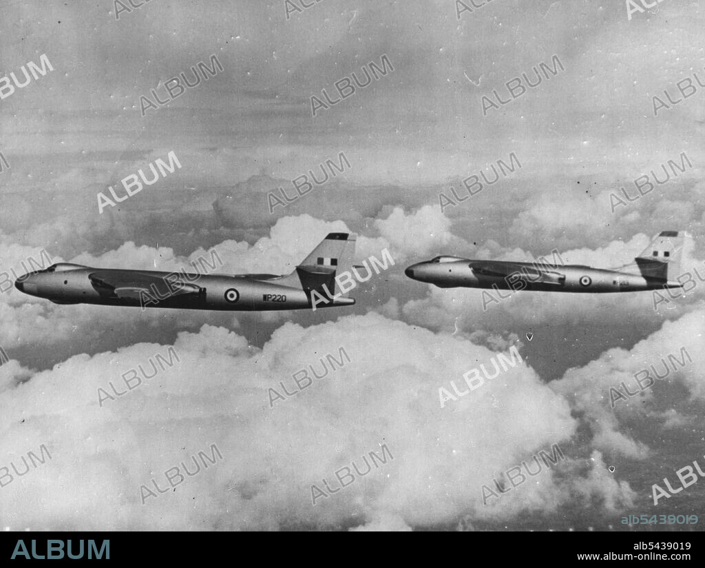 Vickers Valiant -- This first air-to-air photograph of Vickers Valiant for-engined jet bombers in squadron service in R.A.F. Bomber Command were taken during rehearsals for the fly-past by Valiants and Hawker Hunter jet fighters at the Society of British Aircraft Constructor's annual display at Farnborough, Hants, next week. Twelve Valiants from No. 138 Squadron. (Wing Commander R.G.W. Oakley, D.S.O., D.F.C., D.F.M.), based at Wittering, will take part in the fly-past. The Vickers Valiant is the.