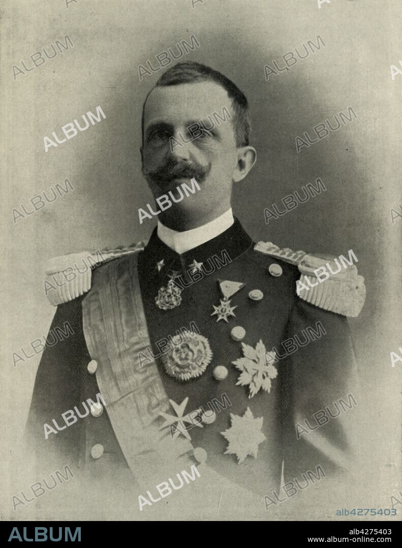 'The King of Italy', 1910s, (1919). Portrait of Victor Emmanuel III (1869-1947) who reigned for nearly 46 years. After the assassination of Umberto I in 1900, the Kingdom of Italy became involved in two world wars. Victor Emmanuel's reign also encompassed the birth, rise, and fall of Italian Fascism. From "The History of the Great European War: its causes and effects", Vol. V, by W. Stanley Macbean Knight. [Caxton Pulishing Company, Limited, London, 1919].