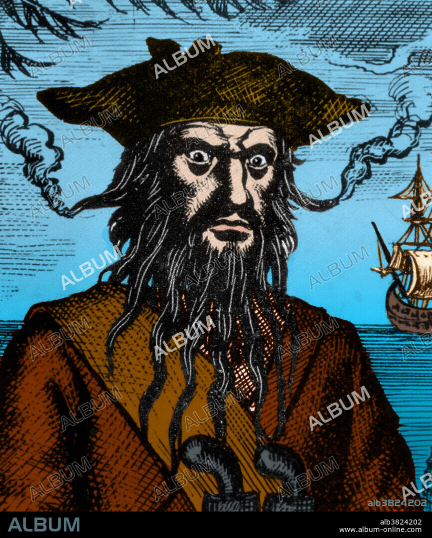 Edward Teach (1680-1718), better known as Blackbeard, was a notorious English pirate who operated around the West Indies and the eastern coast of the American colonies. He was a sailor on privateer ships during Queen Anne's War. By war's end, he had become an experienced sea robber and decided to join a group of Caribbean pirates. He captured a French merchant vessel, renamed her Queen Anne's Revenge, and equipped her with 40 guns. His nickname came from his thick black beard and fearsome appearance. There is no known account of his ever having harmed or murdered those he held captive. Blackbeard and several of his crew were killed on November 22, 1718 by a group of sailors sent by the governor of Virginia to capture him. He had been shot five times and cut about twenty. His corpse was thrown into the inlet while his head was suspended from the bowsprit of the sailors sloop. Blackbeard's flag depicted a skeleton spearing a heart, while toasting the.