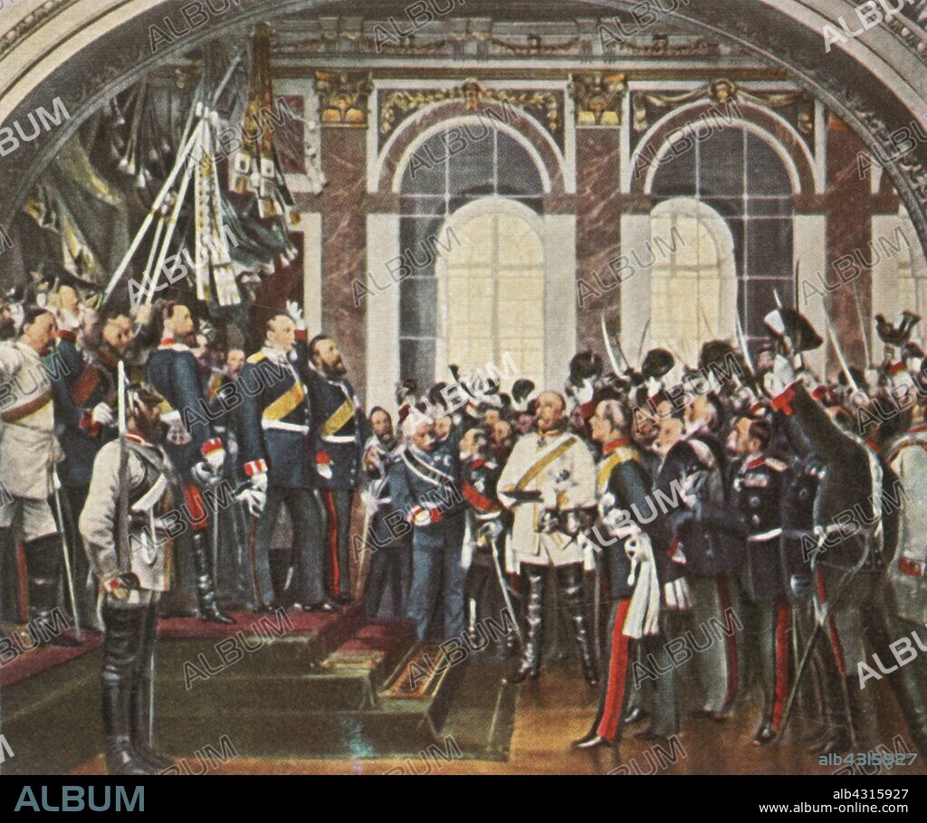 The Proclamation of the German Empire at Versailles, 18 January 1871, (1936). 'Kaiserproklamation in Versailles, 18 Januar 1871'. After the joint victory of the German states in the Franco-Prussian War, the Prussian King Wilhelm I was proclaimed German Emperor in the Hall of Mirrors at the Palace of Versailles outside Paris. After a painting made in 1885, in the Bismarck-Museum in Friedrichsruh, Germany. From "Bilder Deutscher Geschichte", (Pictures of German History), No.12, cigarette card album. [Cigaretten-Bilderdienst, Altona-Bahrenfeld, Hamburg, Germany, 1936].
