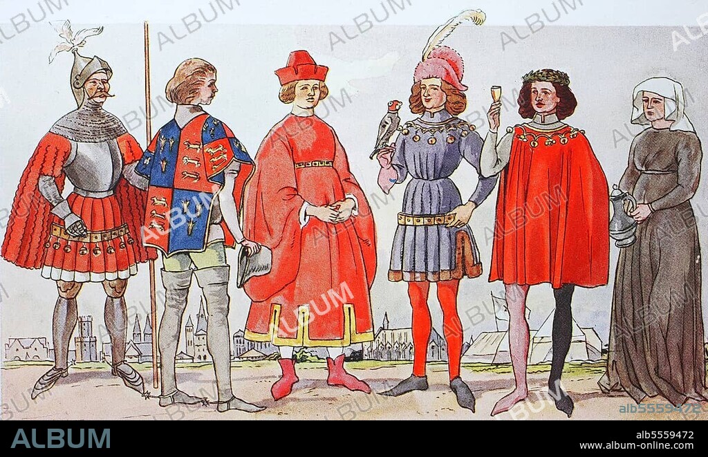 Leidung, Mode in Deutschland unter burgundischem Einfluss im 15. Jahrhundert, von links, ein Ritter in Rüstung, der Herold mit hohen Lederstiefeln, dann ein Herr im weiten Tappert, ein junger Ritter mit Falken, ein Dandy und eine Wirtin, digital restaurierte Reproduktion einer Originalvorlage aus dem 19. Jahrhundert.
