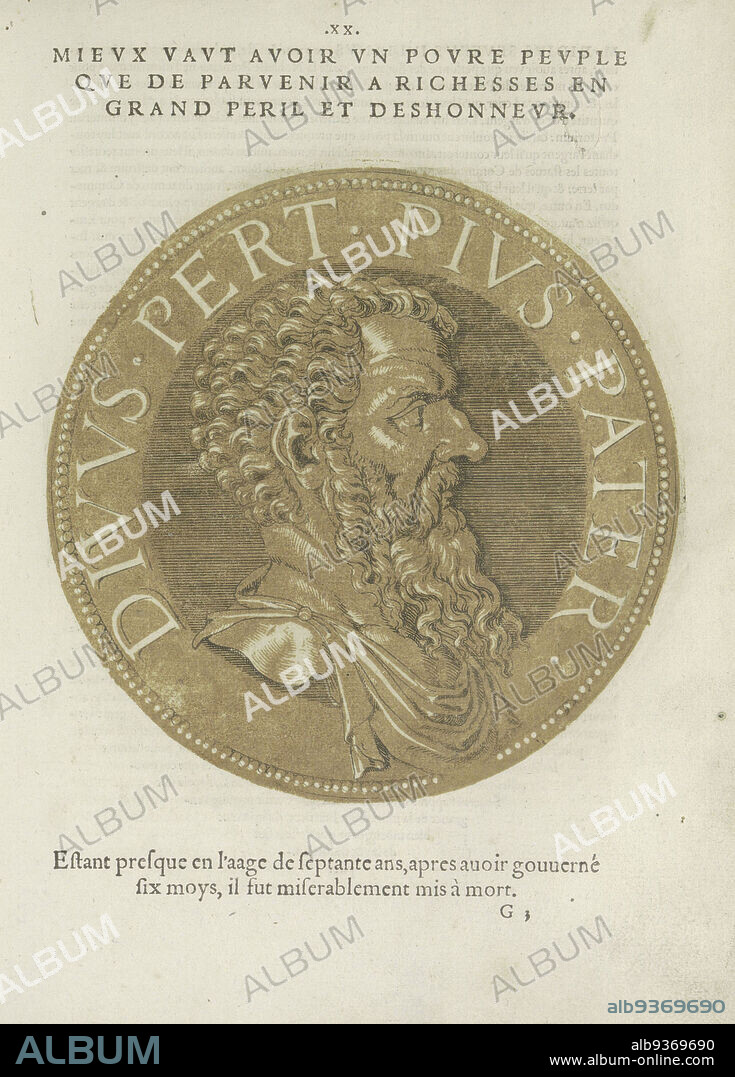 Portrait of Emperor Pertinax, Les images presque de tous les empereurs (series title), Portrait of Emperor Pertinax, on a coin with edge lettering. The print is part of a book on the emperors from Julius Caesar to Charles V and his brother Ferdinand., Joos Gietleughen, print maker: Hubert Goltzius, Antwerp, 1557 and/or 1559, paper, etching, letterpress printing, height 182 mm × width 181 mm.
