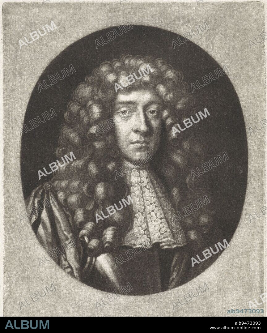 Portrait of James II of England, Gerard Valck, after Peter Lely (Sir), 1662 - 1726, James, Duke of York, later James II Stuart, King of England and Scotland., print maker: Gerard Valck, (mentioned on object), after: Peter Lely (Sir), (mentioned on object), publisher: Gerard Valck, (mentioned on object), Amsterdam, 1662 - 1726, paper, h 196 mm × w 140 mm.