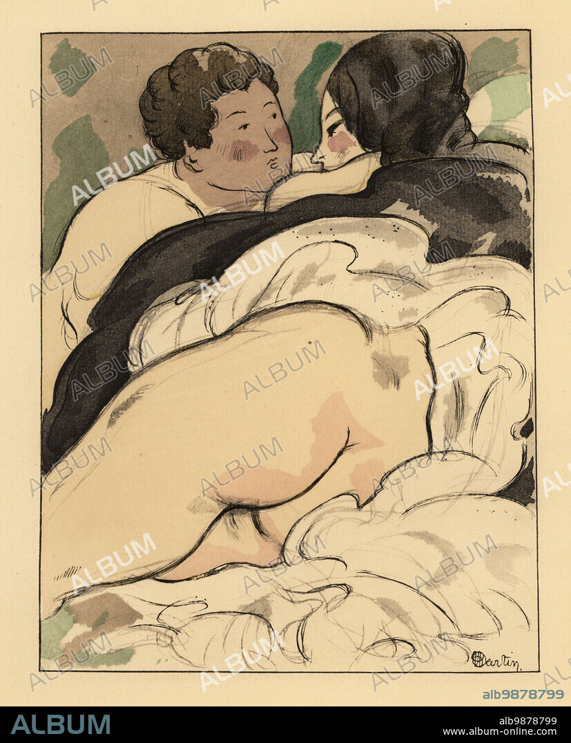 A man lies on a bed with a girl with her petticoats raised to reveal her buttocks. A bachelor raping Isabella the 13-year-old dairy maid. The little bell. La clochette. Lithograph handcoloured in pochoir (stencil) after an illustration by Charles Martin from Jean de la Fontaines Contes et Nouvelles en Vers, Tales and Novellas in Verse, Libraire de France, Paris, 1930.
