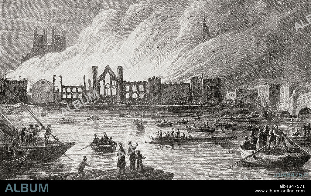 The burning of The Houses of Parliament, London, England, 1834.  From The Martyrs of Tolpuddle, published 1934.