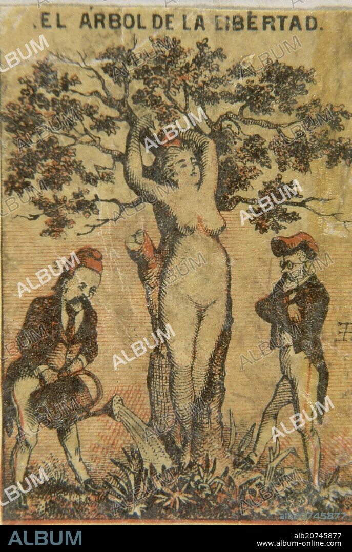 GRABADO DE UNA CAJA DE CERILLAS - EL ARBOL DE LA LIBERTAD - SIGLO XIX.