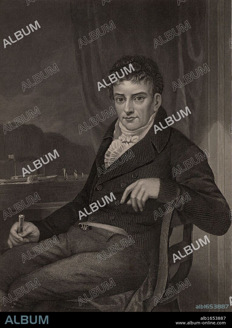 Robert Fulton (1765-1815) American engineer and inventor born in Lancaster County, Pennsylvania.  His steamboat 'Clermont' made a successful journey on the Hudson river from New York to Albany on 14 August 1807, heralding the beginning of commercial steamboat traffic. Engraving. (Photo by: Universal History Archive/UIG via Getty Images).