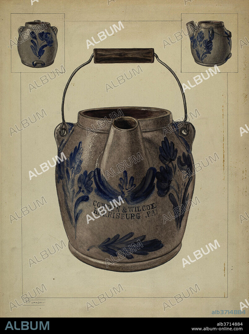 FRANK FUMAGALLI. Jug for Batter. Dated: c. 1937. Dimensions: overall: 37 x 29.1 cm (14 9/16 x 11 7/16 in.)  Original IAD Object: 8 1/4" High  5 1/2" Dia(base). Medium: graphite, watercolor, and colored pencil on paperboard.