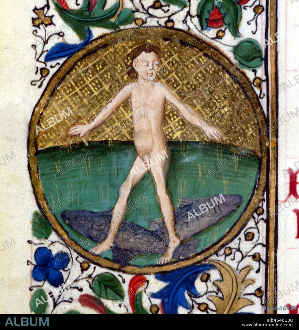 Detail du mois de fevrier du calendrier et signe du zodiaque: Poissons. (Livre d'heures commandite vraisemblablement par Jean de Montchenu, chanoine de Saint-Antoine-en-Viennois (Bas-Dauphine). Credit: BMIU-Clermont-Ferrand/Kharbine-Tapabor.