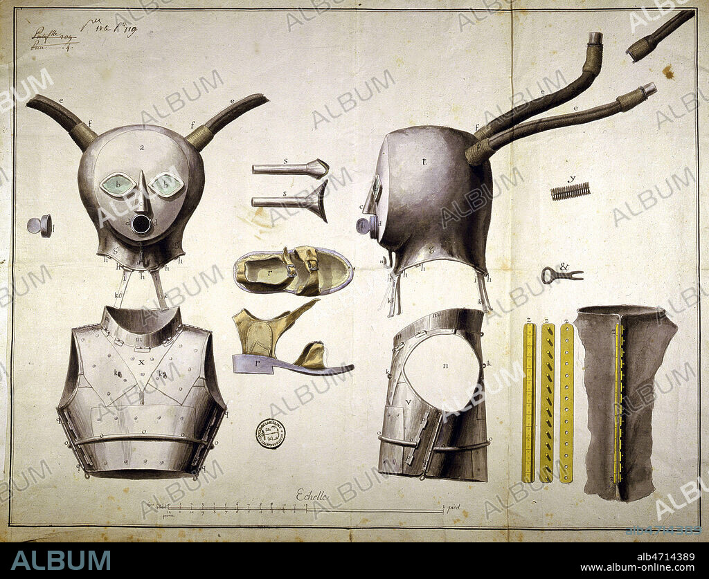 Projet du Chevalier Pierre Remy de BEAUVE (17-18 s.) pour l'equipement d'un plongeur. Le casque du plongeur vient s'emboiter sur le col d'un "corset" résistant à la pression de l'eau. Deux tuyaux de cuir reliés au casque amènent l'air pompé à la surface. Illustration de 1715 par de BEAUVILLIER (17-18 s.). Scaphandre, scaphandrier plongee sous marine XVIIIeme siecle. 18e s.Credit : Collection JEAN VIGNE/ KHARBINE-TAPABOR.