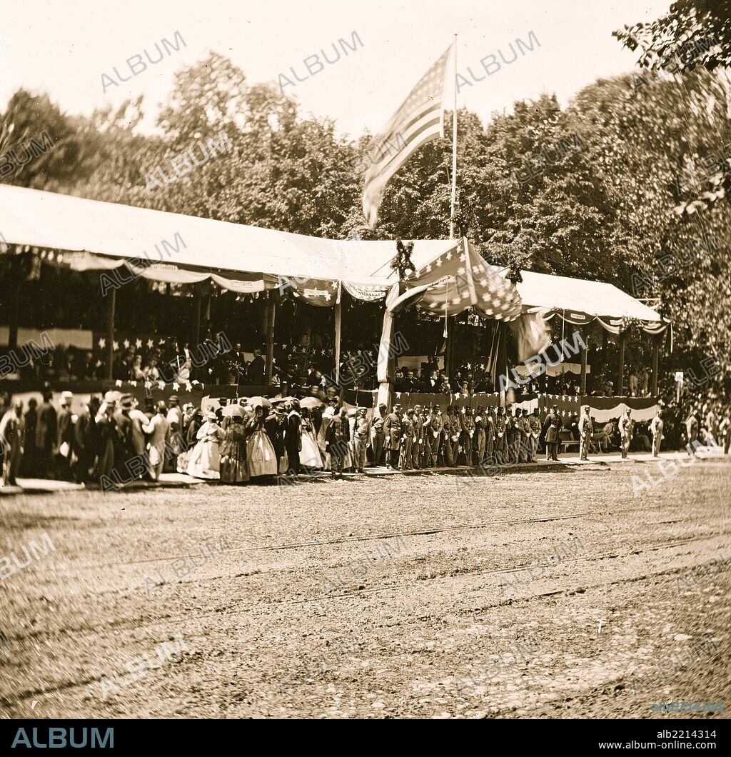 Washington, District of Columbia. The grand review of the Army. Presidential reviewing stand with guests and guard.