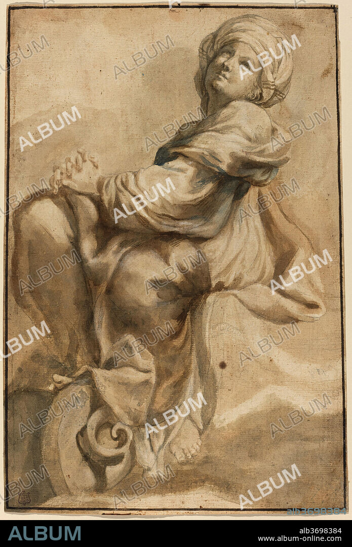 BARTOLOMEO GUIDOBONO. Seated Sibyl. Dated: c. 1690. Dimensions: overall: 39.2 x 26.8 cm (15 7/16 x 10 9/16 in.). Medium: brush and brown, blue, and gray ink over black chalk and graphite, heightened with white on laid paper.