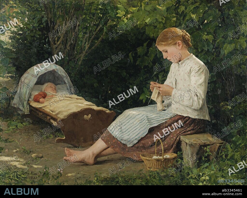 ALBERT ANKER. Knitting girl watching the toddler in a craddle.