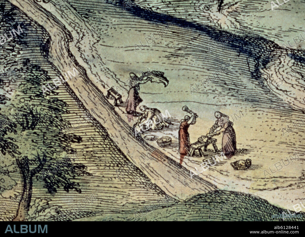 GEORG BRAUN 1541-1622 / FRANS HOGENBERG. CIVITATES ORBIS TERRARUM - SEVILLA - DETALLE DE LAS LAVANDERAS EN EL RIO - GRABADO - SIGLO XVI - (CONJUNTO Nº 3063).