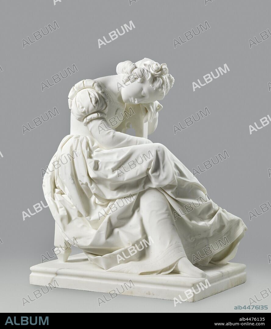 Sleeping Beauty, An image of a sitting girl who has fallen asleep, with her head bent on her hand, who again leans on the back of her chair on which she sits astride with legs crossed. In her hands she holds a spool of thread and a spinning top. There is a wreath of roses in her hair and a small, huddled pigeon. The girl is Sleeping Beauty who, after poking an enchanted spider, fell into a 100-year sleep. Sleeping Beauty is dressed in a historicizing dress, consisting of a short body with a straight neck, a piece of jewelery under the neckline, puffed sleeves and tight arm sleeves, and a long skirt down to the heel., Frans Stracké, Arnhem, 1867, marble (rock), h 70 cm × w 57 cm × d 39 cm.