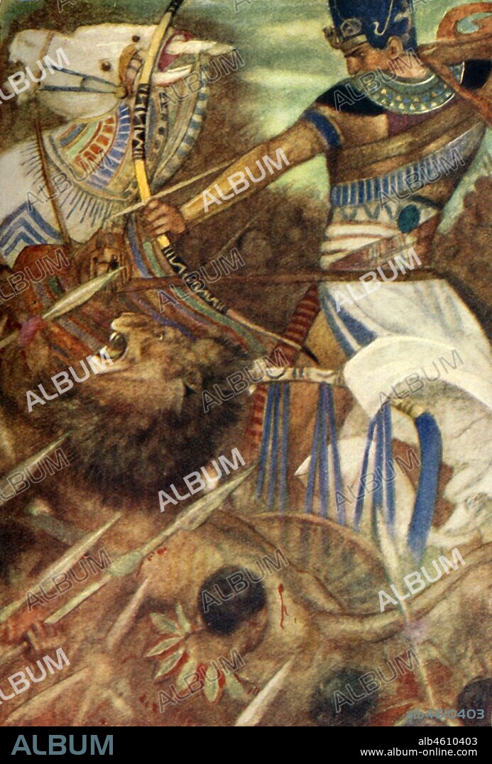 EVELYN PAUL. 'Rameses II accompanied by a Lion', 1915. In Ancient Egyptian mythology, Ramses II, third king of the 19th dynasty in 13th century BC had a pet lion which accompanied him into battle. From "The Myths of Ancient Egypt", by Lewis Spence. [George G. Harrap & Co. Ltd., London, 1915].