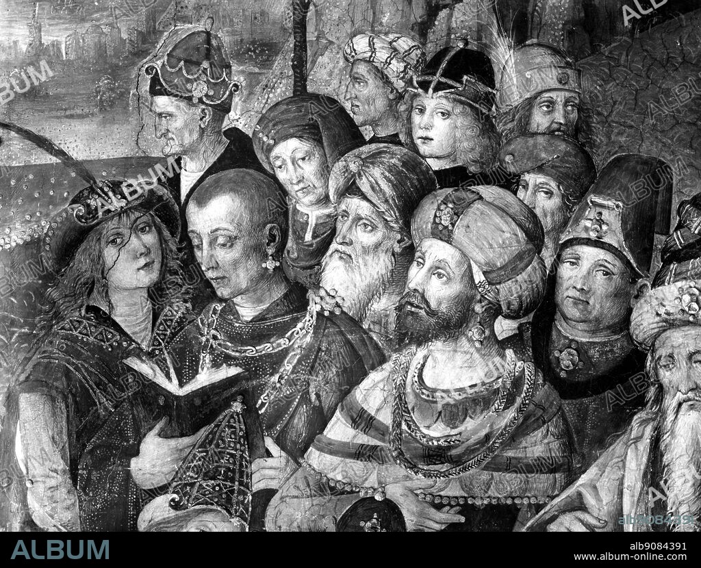 St Catherine's Disputation - Details of one of the Frescoes in the Borgia Appartments of the Palazzi Pontifici in Vatican , Rome Italy : Painted by Pinturicchio at the request of Cardinal Rodrigo Borgia . Faces in the crowd watching . 1493.