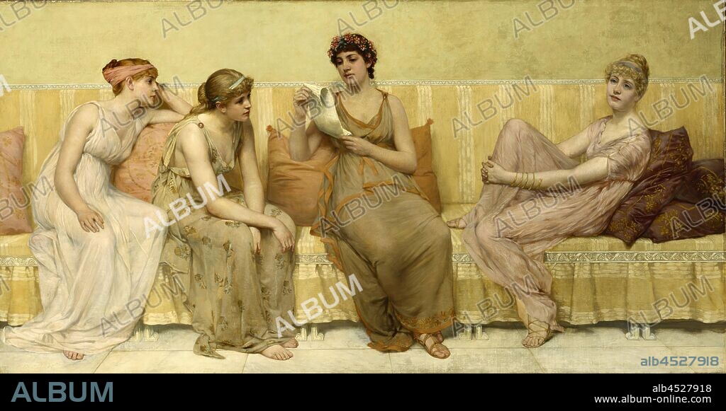 Francis Davis Millet, American, 1846-1912, Reading the Story of Oenone, ca. 1883, oil on canvas, Unframed: 30 × 57 7/8 inches (76.2 × 147 cm).