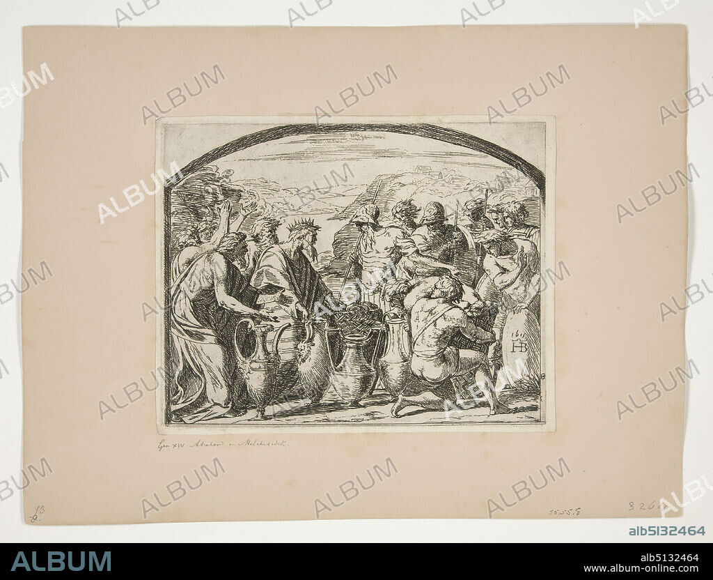 Etcher: Orazio Borgianni, Italian, ca. 15781616, After: Raphael, Italian, 14831520, Melchizedek Offering Bread and Wine to Abraham, from The Loggia Paintings, Etching, one of a set of 32 prints, platemark: 14.8 × 18.8 cm (5 13/16 × 7 3/8in.), Made in Italy, Italian, 16th17th century, Works on Paper - Prints.