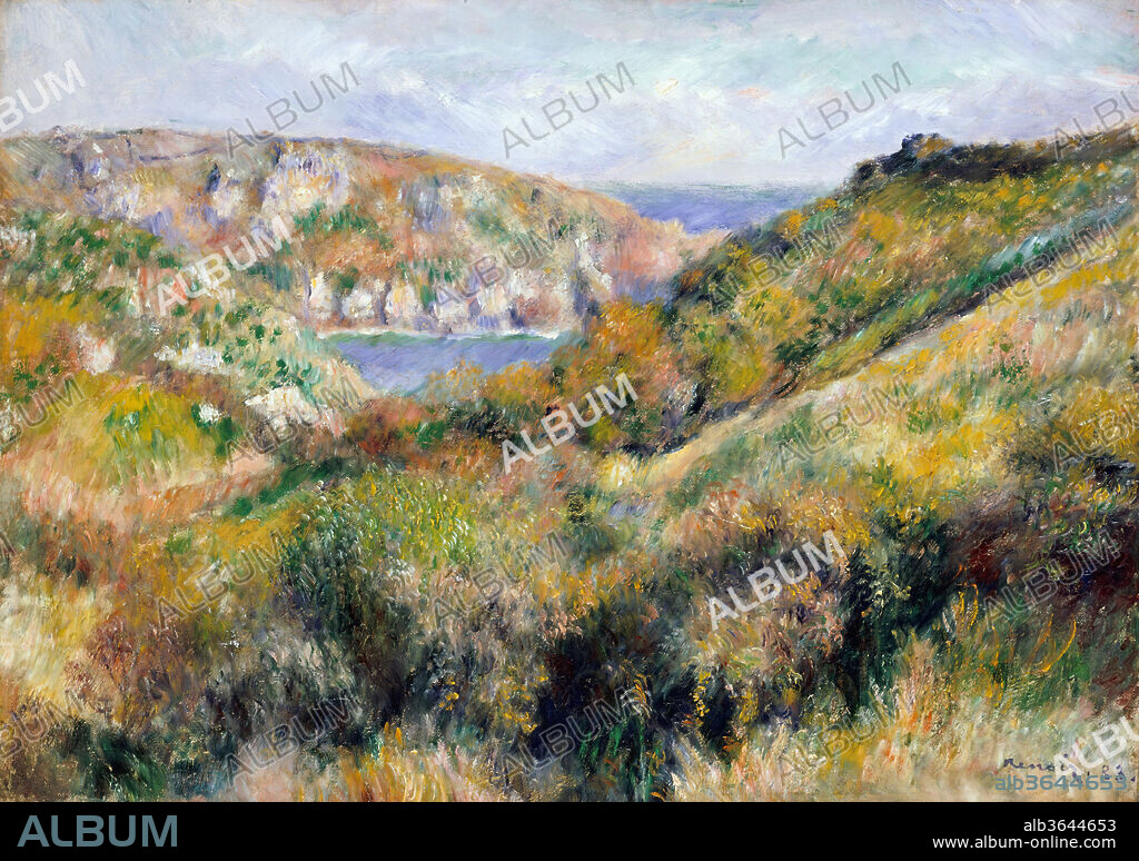 Hills around the Bay of Moulin Huet, Guernsey. Artist: Auguste Renoir (French, Limoges 1841-1919 Cagnes-sur-Mer). Dimensions: 18 1/8 x 25 3/4 in. (46 x 65.4 cm). Date: 1883.
During his trip in late summer 1883 to the English Channel island of Guernsey, Renoir painted about fifteen views of the bay and the beach of Moulin Huet, on the island's rocky southern coast. This picturesque view of the bay, seen from a vantage point favored by contemporary guidebooks, is related to three other works distinguished by their finish and by the fact that the artist signed and dated them. No doubt it was among the four Guernsey landscapes the artist sold to Durand-Ruel in the fall.