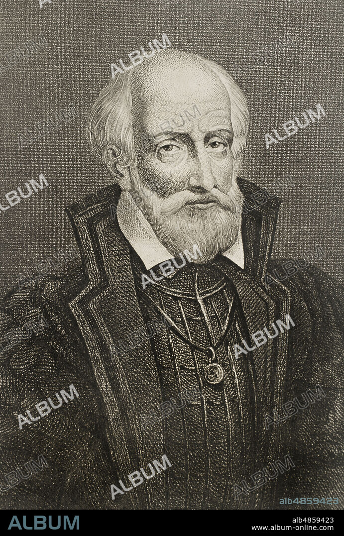 Gaspar de Coligny (Gaspard de Coligny) (1519-1572). Noble francés y Almirante de Francia. Lideró el partido de los hugonotes protestantes durante las Guerras de religión de Francia. Retrato. Grabado. Historia de las persecuciones políticas y religiosas en Europa. Tomo II. Editado en Barcelona, 1864.