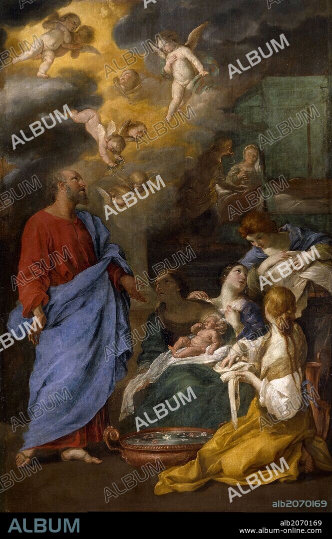 Andrea Sacchi / 'Nacimiento de San Juan Bautista', 1639-1645, Escuela Italiana, Óleo sobre Lienzo, 262 cm x 171 cm, P00003.