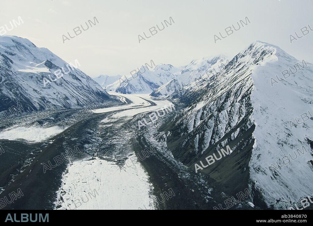 Aerial of a lateral moraine on Muldrow Glacier in Denali National Park, Alaska.