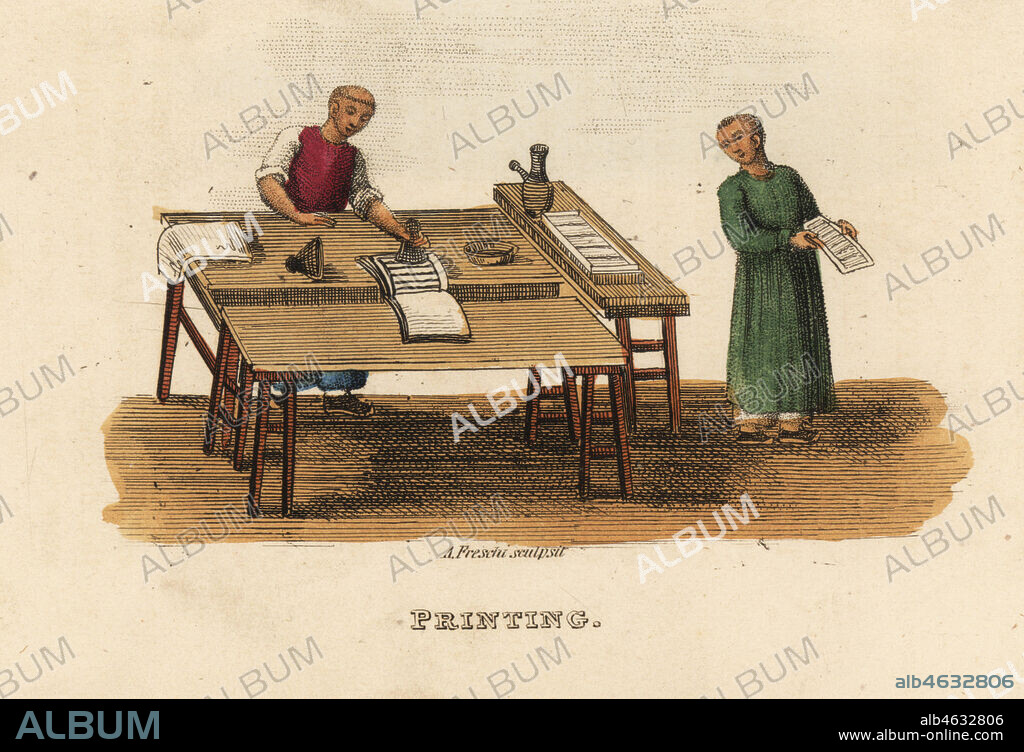 Chinese printing, Qing Dynasty. Printer's workshop with engraved boards, paper sheets, printing ink, etc. Handcoloured copperplate engraving by Andrea Freschi after Antoine Cardon from Henri-Leonard-Jean-Baptiste Bertin and Jean Baptiste Joseph Breton's China, Its Costumes, Arts, Manufactures, etc., Howlett and Brimmer, London, 1824.