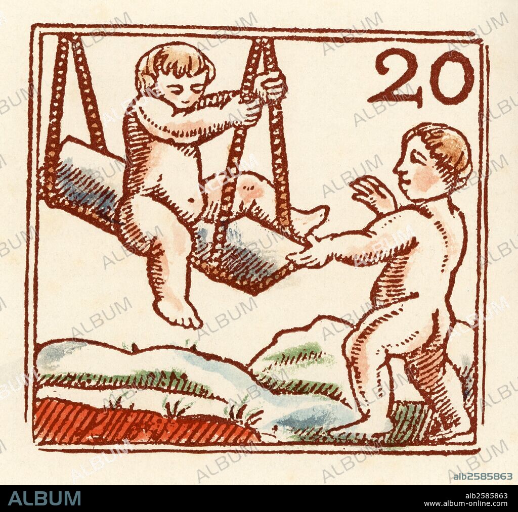 Auca dels Jocs de la Mainada. Juegos y entretenimientos infantiles del siglo XVIII. Gronxar-se. Un trapecio construído mediante cuerdas y una tabla suspendido de un árbol para balancearse.